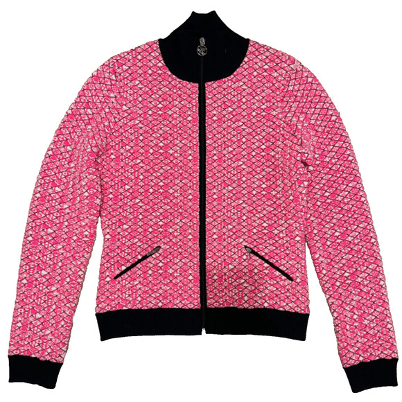 Chanel 19B Coco Neige Ski Pink Quilted Black Logo Wool Cardigan Zip Up Jacket 38 - Picture 1 of 16